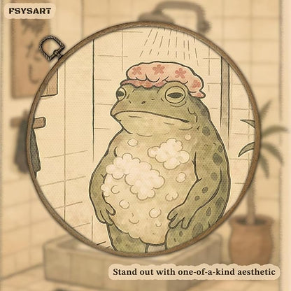 Framed Vintage Frog Bathroom Wall Art, Funny Cute Green Frog in Bubble Bath Canvas Prints, Japanese-Style Retro Cartoon Animal Artwork, Whimsical Wall Decor for Dorm Apartment Toilet 12x16in