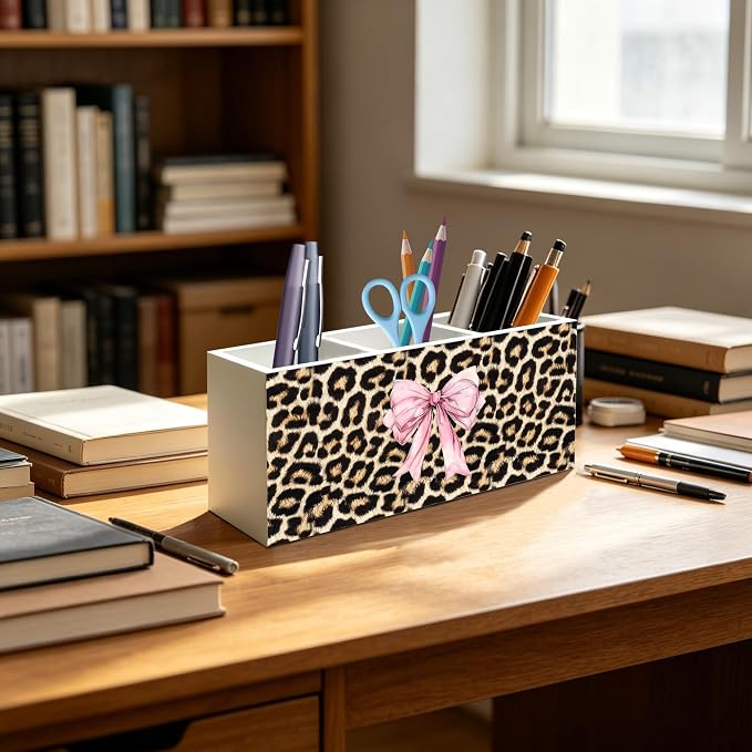 Coquette Pink Bow Cheetah Print Makeup Brush Toothbrush Holder for Girly Bathroom Dorm Vanity, Pink and Cheetah Print Wood Signs Pen Pencil Holder Organizer Desk Accessories