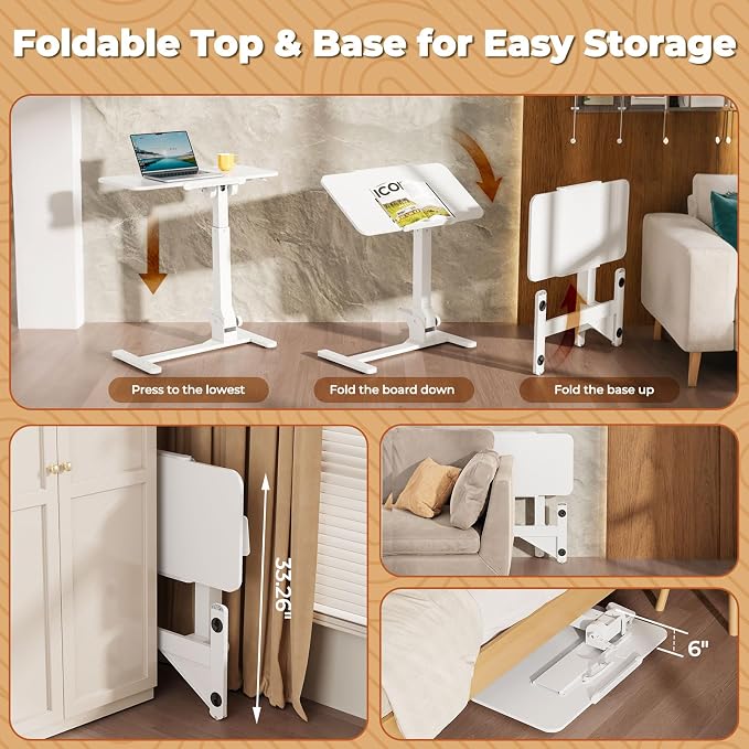 JOY worker Foldable Mobile Standing Desk, 180° Tiltable Overbed Bedside Table with 4 Lockable Wheels, 31.5" Height Adjustable Rolling Laptop Desk for Home & Hospital Use, Easy Storage, White