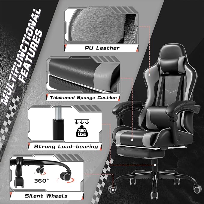 Shahoo Gaming Chair with Footrest and Massage Lumbar Support, Video Racing Seat Height Adjustable with 360°Swivel and Headrest for Office or Bedroom, Grey