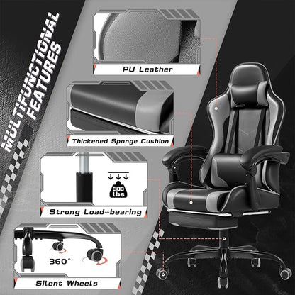 Shahoo Gaming Chair with Footrest and Massage Lumbar Support, Video Racing Seat Height Adjustable with 360°Swivel and Headrest for Office or Bedroom, Grey