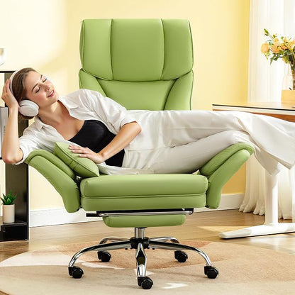 Big and Tall Office Chair, 400LBS Wide Leather Gaming Chair with Footrest, High Back Executive Chair, Reversible Armrest for Pets, 135° Reclining Cross Legged Chair with Lumbar Support(Avocado Green)
