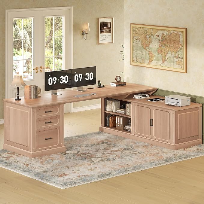 SEDETA Farmhouse L Shaped Desk with Drawers, 70.9" Home Office Desk with Storage Cabinet and Storage Shelves, L Shaped Computer Desk with Power Outlet，Oak