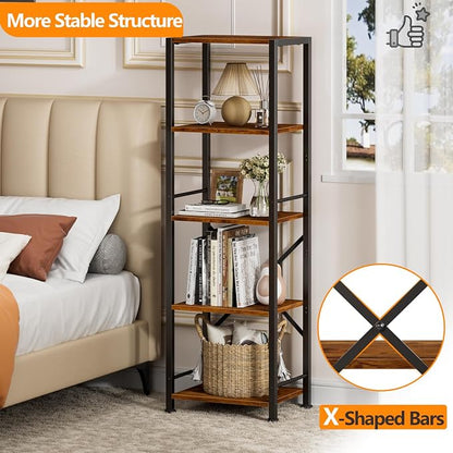 Furologee 5 Tier Tall Bookshelf, Rustic Narrow Bookcase, Display Standing Shelf Units, Metal and Wood Storage Shelves Organizer for Bedroom, Living Room, Home Office, Entryway, Kitchen, Rustic Brown
