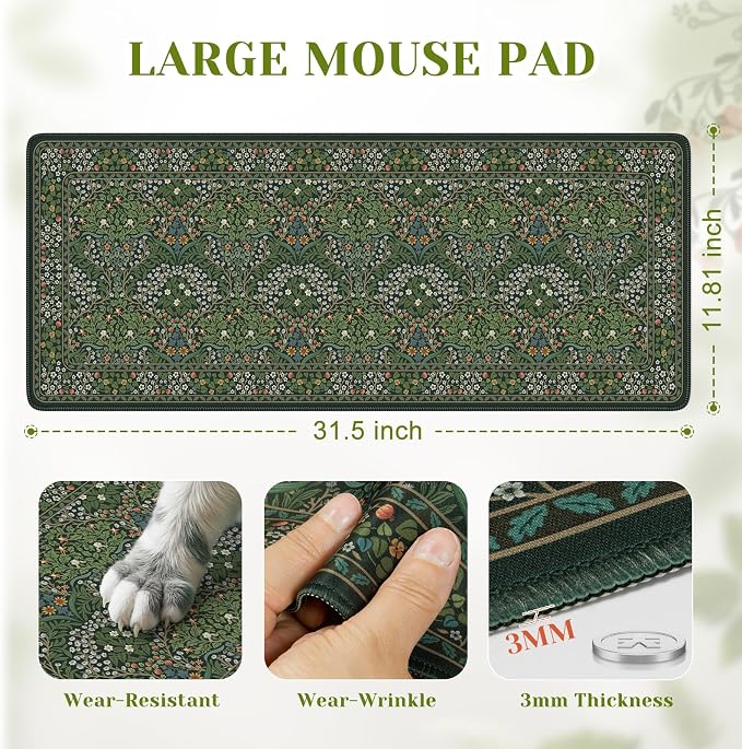 iCasso Aesthetic Floral Desk Mat, L Mouse Pads, Anti-Slip Mousepad with Stitched Edges, Waterproof Computer Pad 11.8"x31.5", Desk Accessories Office Decor for Women(Retro Green)
