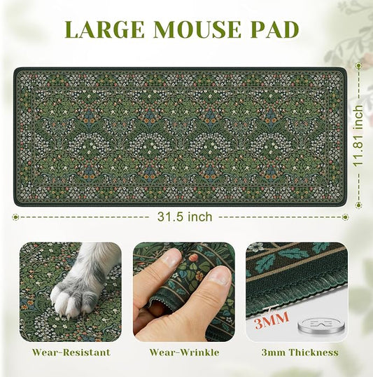 iCasso Aesthetic Floral Desk Mat, L Mouse Pads, Anti-Slip Mousepad with Stitched Edges, Waterproof Computer Pad 11.8"x31.5", Desk Accessories Office Decor for Women(Retro Green)