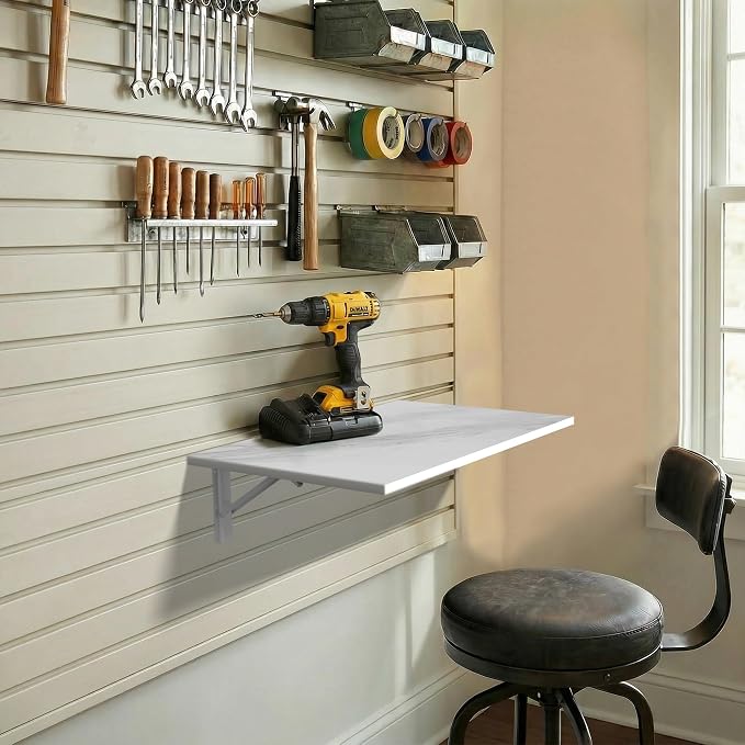 GOYLSER Wall Mounted Table Fold Down Workbench Length 25" Width 15.7", White Marble Laundry Floating Desk for the Garage/Shed/Office/Bar/Home Kitchen & Dining Room