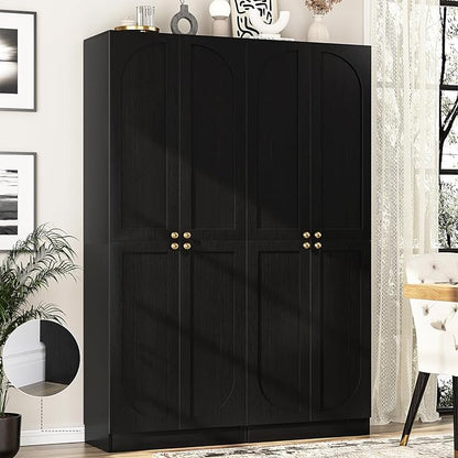 Cyclysio Storage Cabinet Set of 2, 80" Tall Arched Bookcase with 4 Soft Close Doors, 12-Tier Wooden 2 Set Pantry with Adjustable Shelves, Seamless Fit Wall for Home Office, Living Room, Kitchen
