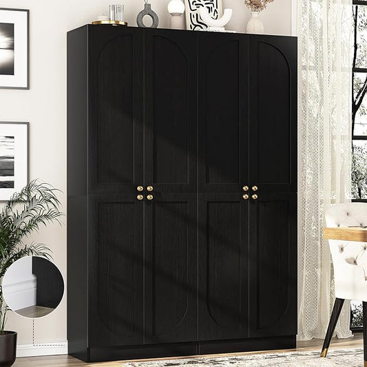 Cyclysio Storage Cabinet Set of 2, 80" Tall Arched Bookcase with 4 Soft Close Doors, 12-Tier Wooden 2 Set Pantry with Adjustable Shelves, Seamless Fit Wall for Home Office, Living Room, Kitchen