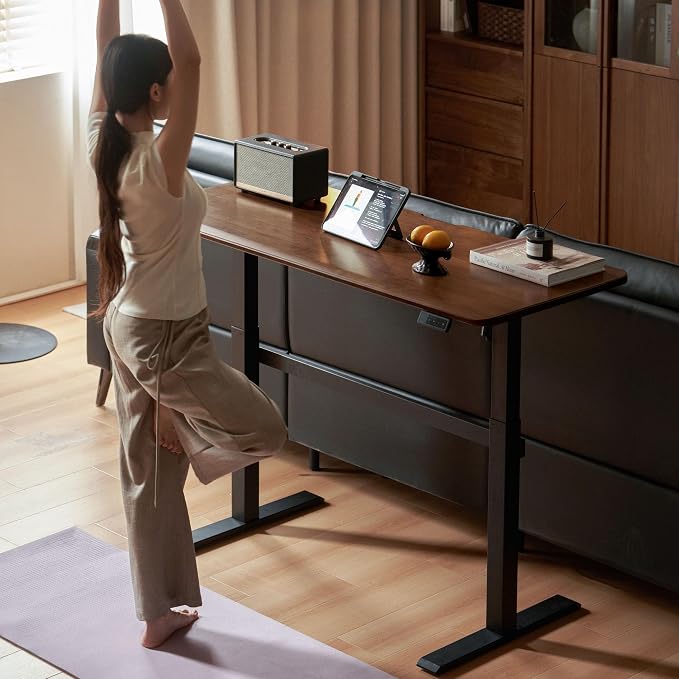 100% Solid Rubber Wood Electric Standing Desk, Walnut Finish Sit Stand Height Adjustable Desk with Cable Organizer,Ergonomic Computer Desk for Home Office Study Room 47.24" W