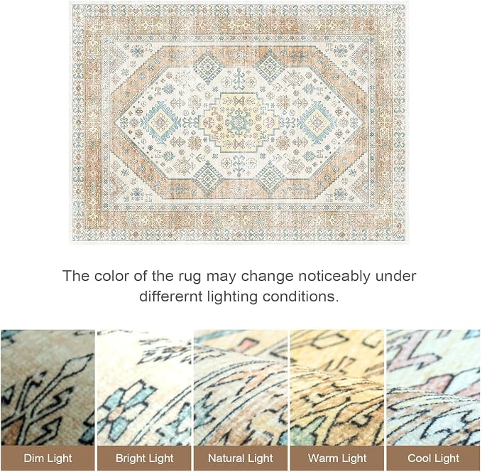 Lofus Vintage Living Room Rugs 8x10, Soft Machine Washable Area Rug for Bedroom Indoor Floor Home Office House Decor, Oriental Traditional Distressed Farmhouse Carpet, Boho Beige and Orange