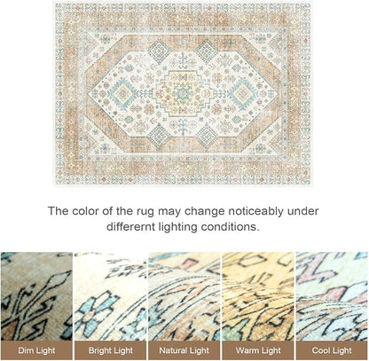 Lofus Vintage Living Room Rugs 8x10, Soft Machine Washable Area Rug for Bedroom Indoor Floor Home Office House Decor, Oriental Traditional Distressed Farmhouse Carpet, Boho Beige and Orange