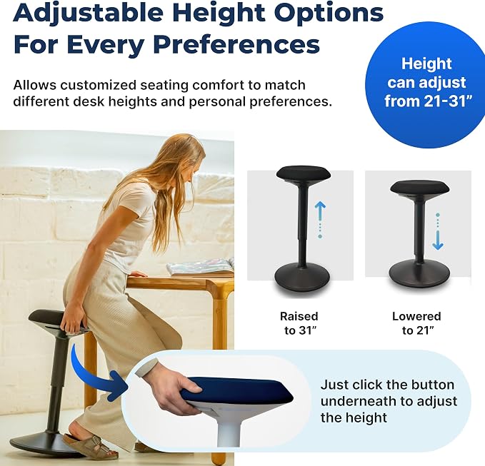 Standing Desk Stool Chair, Height Adjustable Stool 21-31 inch for Office and Classroom, Swivel seat, Anti-Slip Bottom Ergonomic Wobble Stool with Rocking Motion, Blue