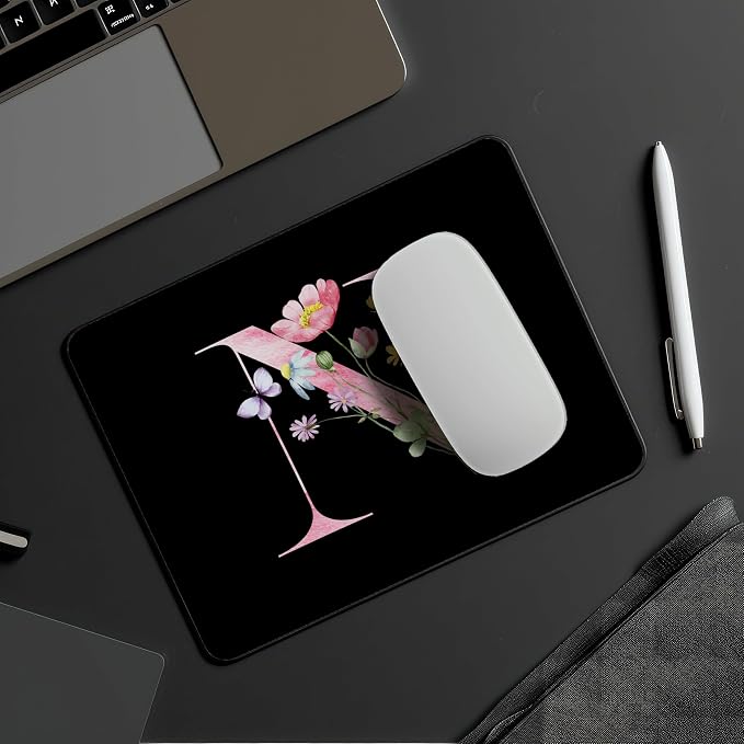 Mouse Pad Pinks Flowers Initial Letters Mousepad Desktop Laptop Computer Accessories Home Office Gaming Work Desk Computer Non-Slip Rubber Monogram Floral Alphabet A-Z mousepad (N)