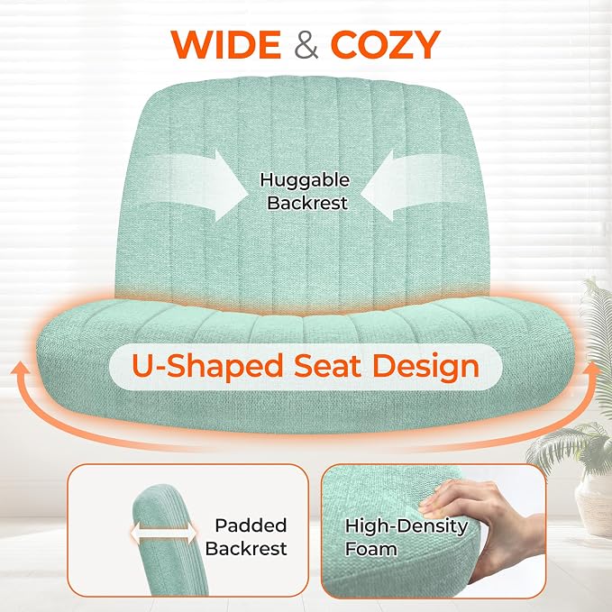 Orange Factory Criss Cross Chair Wheels Wide Cross Legged Office Desk Vanity Chair Comfy Fabric Armless Adjustable Swivel for Home Computer Task (Mint Wheel, Fabric)