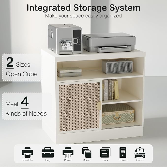 ModernMate Modern Wood Accent Cabinet with Sliding Door, Adjustable Open Shelves & Gold Handle Storage Cabinet for Home Office, 31W*20D*29H, White Rattan