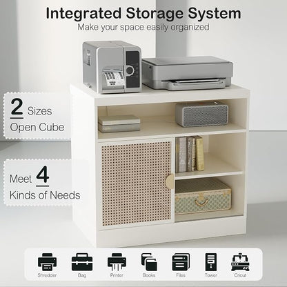 ModernMate Modern Wood Accent Cabinet with Sliding Door, Adjustable Open Shelves & Gold Handle Storage Cabinet for Home Office, 31W*20D*29H, White Rattan