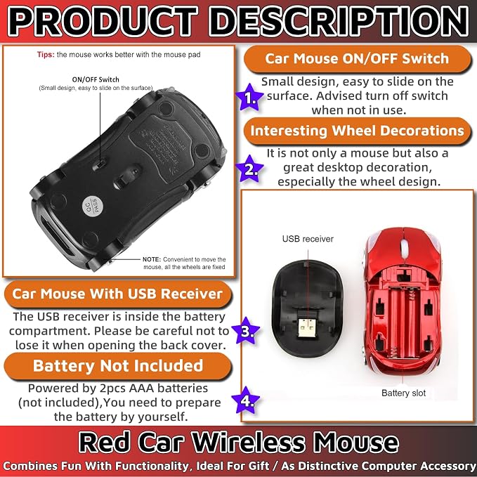 HuGuWdy Cute Mouse Wireless Red，2.4G with USB Reciver 1600DPI Car Mouse for Computer Wireless USB for Laptop Computer Tablet for Windows for Mac OS for Her for Christmas（Red）