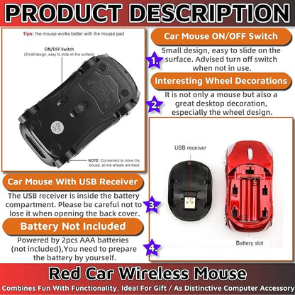 HuGuWdy Cute Mouse Wireless Red，2.4G with USB Reciver 1600DPI Car Mouse for Computer Wireless USB for Laptop Computer Tablet for Windows for Mac OS for Her for Christmas（Red）