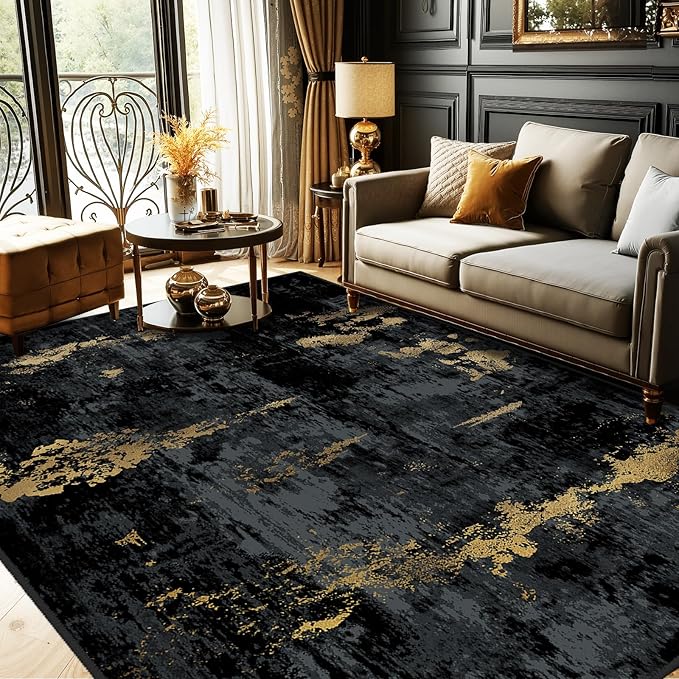RELEANY Washable Area Rugs 5'x8' Non-Slip Modern Abstract Soft for Living Room Entryway Bedroom Kitchen, Print Pattern, Dark Black Gold