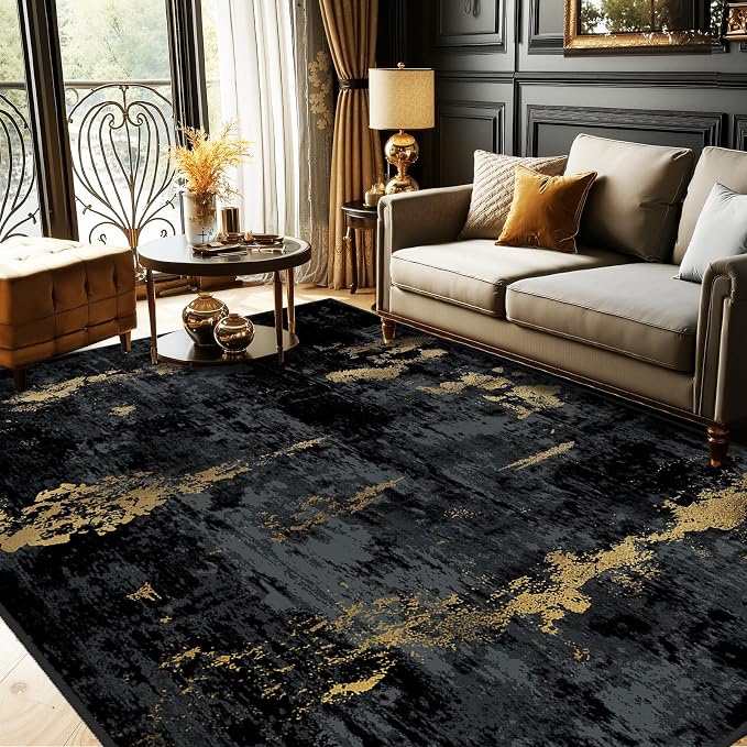 RELEANY Washable Area Rugs 10'x14' Non-Slip Modern Abstract Soft for Living Room Entryway Bedroom Kitchen, Print Pattern, Dark Black Gold