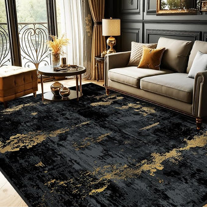 RELEANY Washable Area Rugs 7'x9' Non-Slip Modern Abstract Soft for Living Room Entryway Bedroom Kitchen, Print Pattern, Dark Black Gold