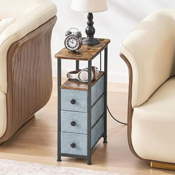 DALEMHOME Narrow End Table with Charging Station, Narrow Side Table with Drawer, Small Nightstand with LED Light, Skinny Nightstand, Small Bedside Table for Living Room, Grey