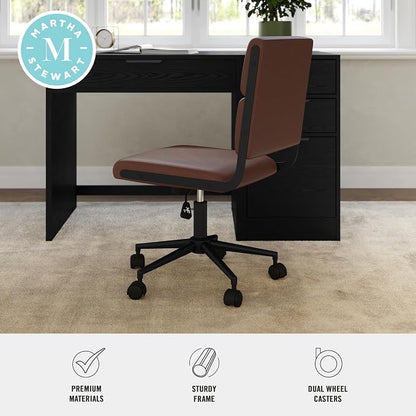 Martha Stewart Lulu Swivel Task Chair with Height Adjustable Seat for Home Office in Saddle Brown Faux Leather with Oil Rubbed Bronze Frame