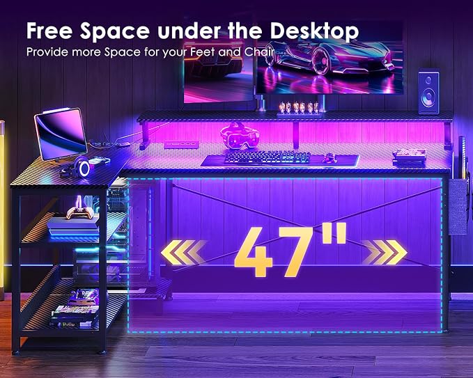ODK 58 Inch Gaming Desk with USB Charging Ports and LED Lights, Reversible L Shaped Computer Desk with Storage Shelves & Monitor Stand, Corner Gamer Desk Table with Power Outlets, Black