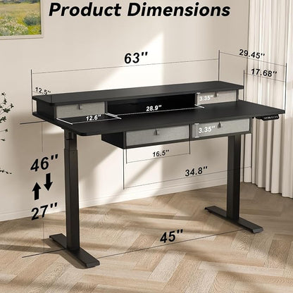 FiCiHi Adjustable Height Standing Desk with 4 Drawers,63 x 30 inches Electric Sit Stand Home Office Desk with Two Tiers, 3 Memory Presets, Monitor Stand Riser, USB A/C Charging Port