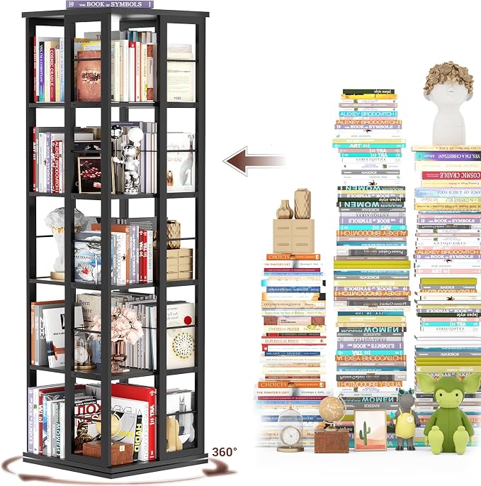 Aheaplus Rotating Bookshelf, Corner Bookcase, 360 Display Wood Spinning Bookshelves, Floor Standing Bookcases Narrow Shelf, 5 Tiers, Black
