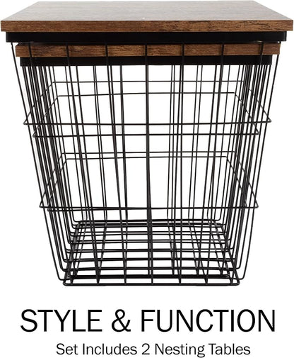 End Tables Set of 2 - Nesting Tables with Removable Wood Tops and Metal Basket Bases for Blanket Storage - Square Side Furniture for Living Room, Bedroom, or Home Office by Lavish Home (Brown)