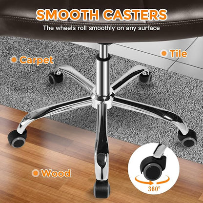360° Office Desk Chair,PU Adjustable Rolling Task Chair with Backrest for Barber,Office,Home, Computer,360° Swivel,Armless，desk chair without arms，office chair 400+ lb weight capacity(Widened Brown)