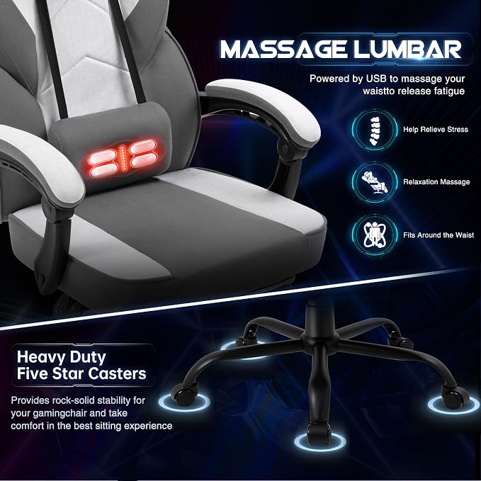 DL-win Gaming Chair for Adults with Footrest & Massage Lumbar Support, Ergonomic High Back Gamer Chair, Adjustable Swivel Computer Gaming Chairs with Headrest and Linkage Armrests,Green (Greige)
