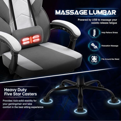 DL-win Gaming Chair for Adults with Footrest & Massage Lumbar Support, Ergonomic High Back Gamer Chair, Adjustable Swivel Computer Gaming Chairs with Headrest and Linkage Armrests,Green (Greige)