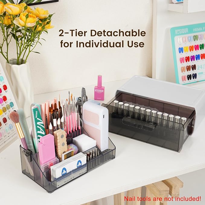 Wilfniee Nail Tech Desk Organizer Case: 2 Layers Nail Tech Organizers with Nail Polish Storage Drawer- 53 Holes Nail Drill Bits & Nail Brushes Pens Holder for Manicure Nail Supplies (Grey)