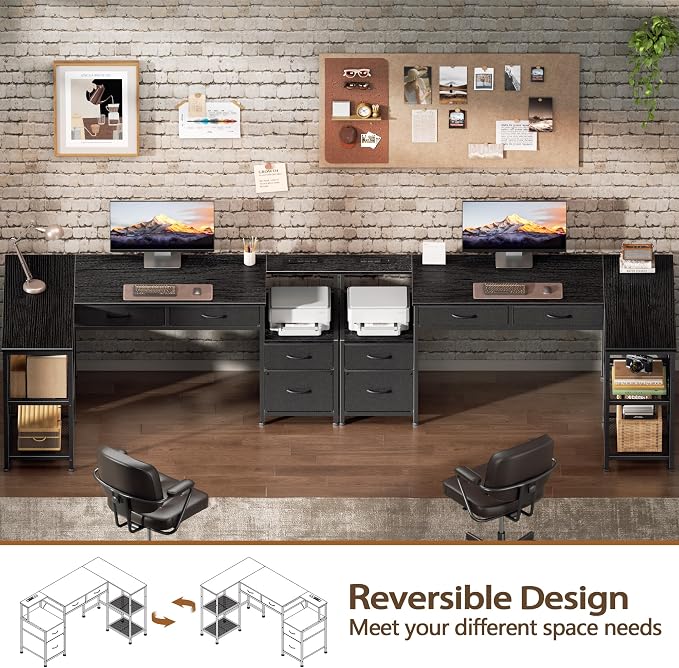 Korfile 57 Inch L Shaped Computer Desk with Power Outlets, Reversible Home Office Desk with 4 Fabric Drawers & 2 Adjustable Mesh Shelves, Corner Study Work Desk with Larger Storage, Black