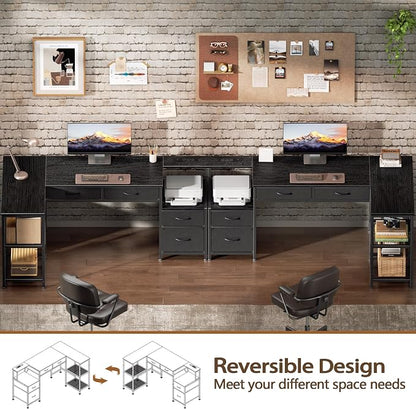 Korfile 57 Inch L Shaped Computer Desk with Power Outlets, Reversible Home Office Desk with 4 Fabric Drawers & 2 Adjustable Mesh Shelves, Corner Study Work Desk with Larger Storage, Black