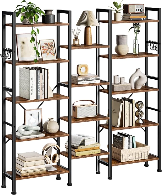 Furologee Triple Column 5 Tier Bookshelf, Large Bookcase with 14 Display Shelves, Adjustable Book Shelf with 6 Hooks, Rustic Bookshelves Storage Organizer, Shelving Unit for Living Room, Bedroom