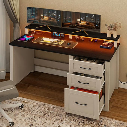 Vabches 47" Farmhouse Executive Desk with Monitor Stand & File Cabinet,3 Drawers Computer Desk with LED Lights and Power Outlets,Workstation for Home Office, Study,Writing,Black