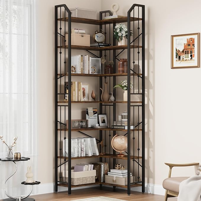 GarveeHome Corner Bookshelf 86" l Shaped Bookcase, Corner Bookshelves Industrial Bookcase 7 Tier l-Shape Bookshelf, Large Bookcases with Beaded Design Tall Display Rack Shelf for Living Room Bedroom