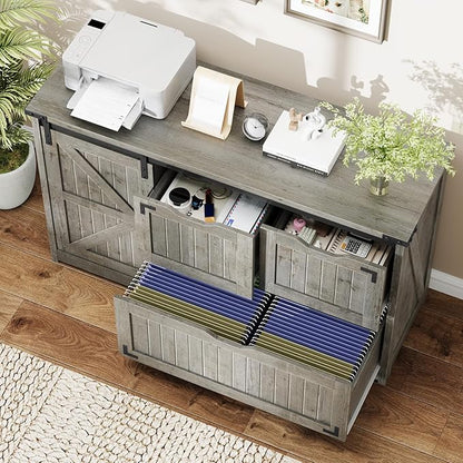 Halitaa 47.8” Farmhouse Lateral File Cabinet with Sliding Barn Door, 3 Drawers Filing Storage Cabinets with Adjustable Shelf, Office Printer Stand for Hanging Files Letter/Legal/A4/F4.Grey