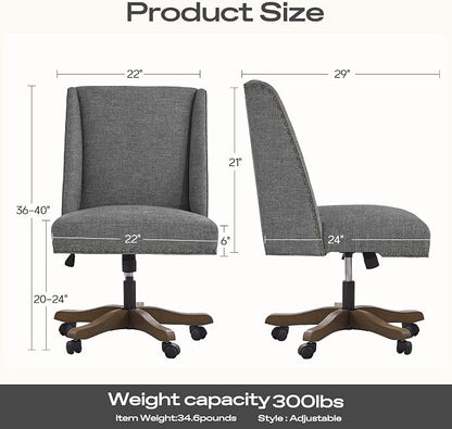 Zihanhome Upholstered Armless Home Office Chair with Wooden Legs, Modern Office Desk Chair No Arms Sewing Chair Adjustable Swivel Desk Chair for Farmhouse Office Study Studio (Dark Gray)