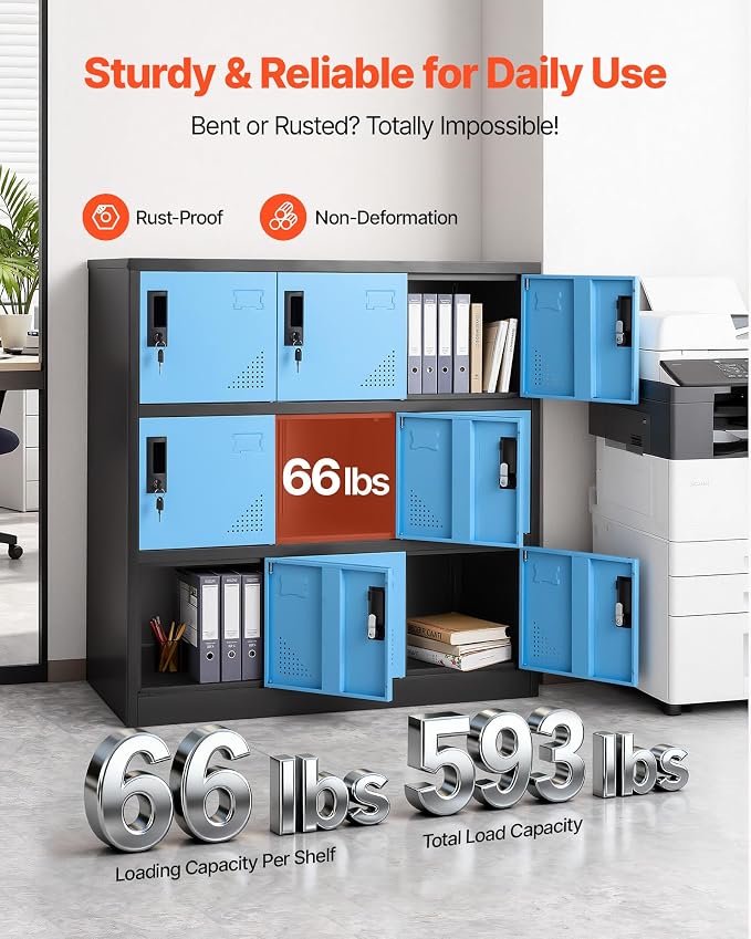 VEVOR 9 Doors Metal Locker for Employees, Steel Locking Storage Cabinet with Card Slot and Ventilation, 2 Keys for Each Door, Employee Lockers for Office, School, Gym, Home, Easy Assembly, Blue&Black