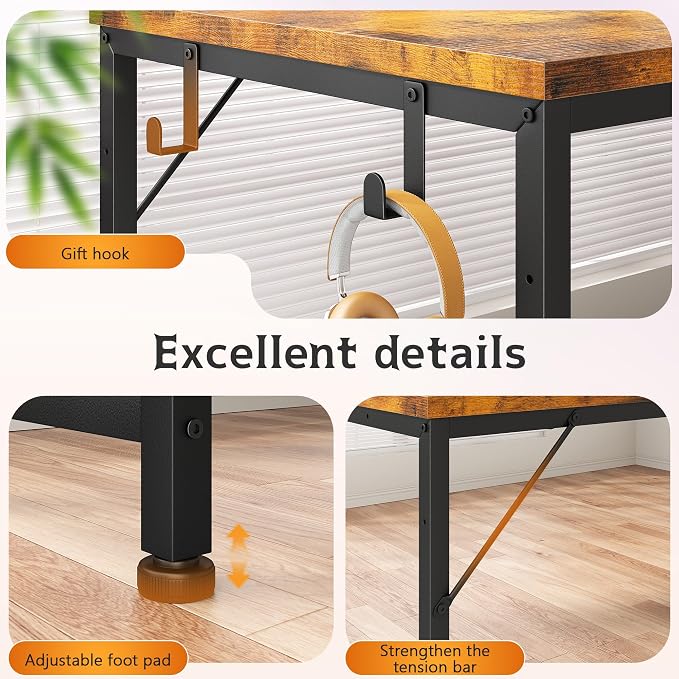 DurayLoly 56" Computer Desk with Printer Shelf & Power Outlets – Reversible Gaming Desk with LED Lights, Drawer & Headphone Hook for Teen Bedroom, Dorm, Home Office, Rustic Brown