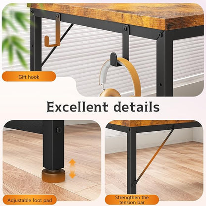 DurayLoly 56" Computer Desk with Printer Shelf & Power Outlets – Reversible Gaming Desk with LED Lights, Drawer & Headphone Hook for Teen Bedroom, Dorm, Home Office, Rustic Brown