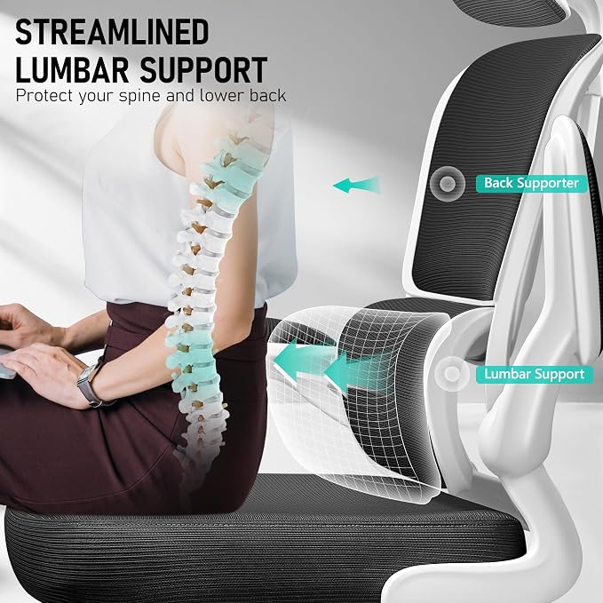 BESTFAIR High Back Ergonomic Office Chair, Breathable Mesh Desk Chair with Lumbar Support, Adjustable Headrest, Flip-up Armrests, Computer Gaming Chair, (White)