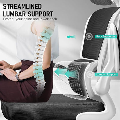 BESTFAIR High Back Ergonomic Office Chair, Breathable Mesh Desk Chair with Lumbar Support, Adjustable Headrest, Flip-up Armrests, Computer Gaming Chair, (White)