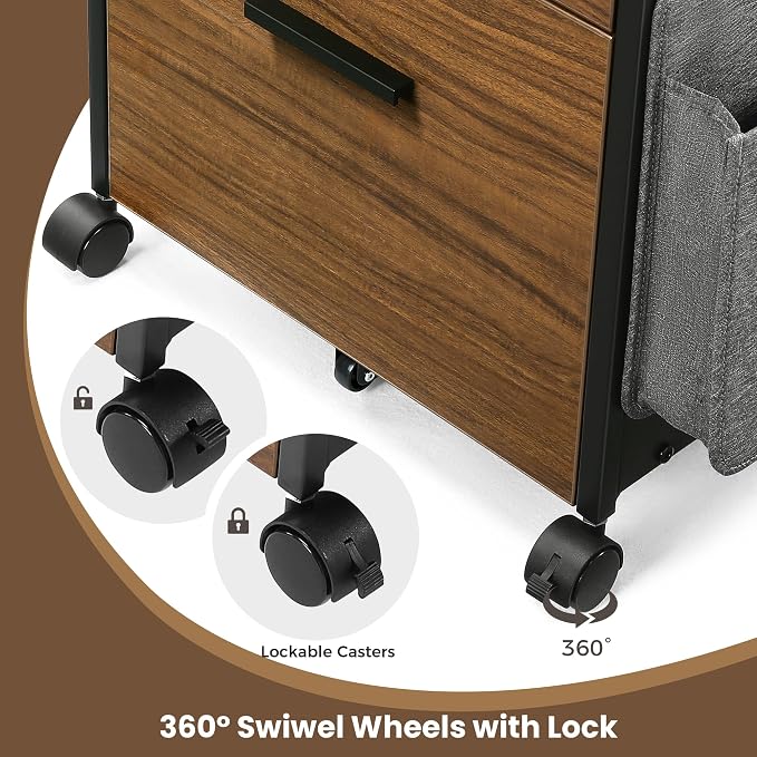 EUREKA ERGONOMIC 2 Drawer Mobile File Cabinet with Wheels, Solid Wood Rolling Storage Cabinet for Home Office, Space-Saving Under Desk Organization with Printer Stand, Walnut