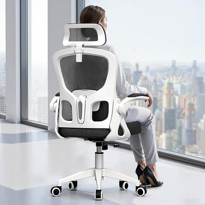 Ergonomic Office Chair, High Back Desk Chair with Flip-up Arms, 300 LBS Mesh Computer Chair with Adjustable Headrest & Lumbar Support, Comfy Gaming Chair for Adults, Home Office Desk Chairs (White)